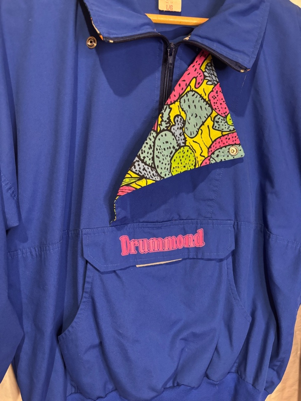 Vintage 80s Blue Pullover Windbreaker Drummond Retro Pattern Jacket L - Picture 2 of 6